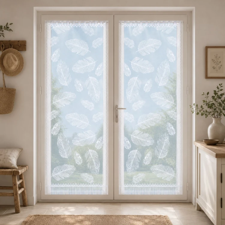 Paire de vitrages frangés en dentelle motif plumes