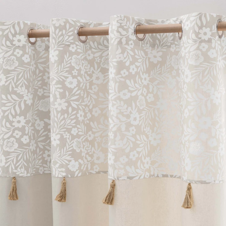 Rideau à œillets polycoton avec top floral et pompons