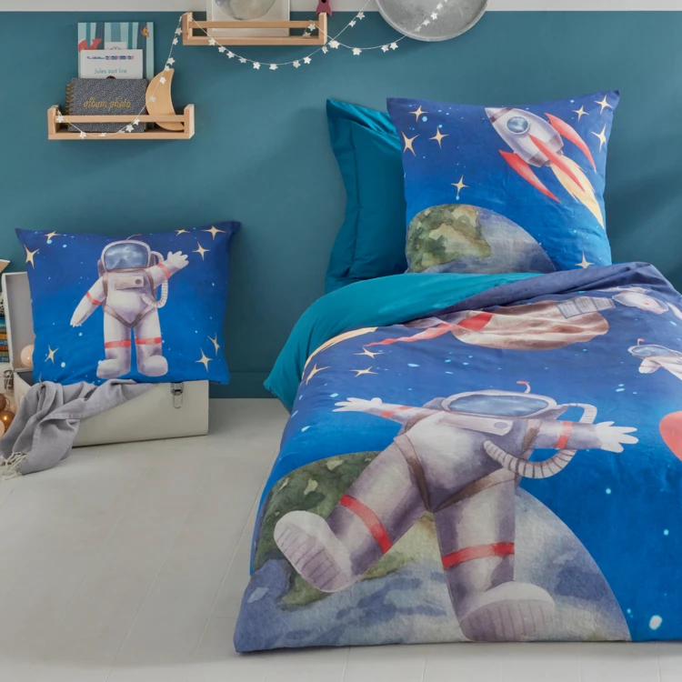 Funda nórdica infantil astronauta y cohete en percal de algodón
