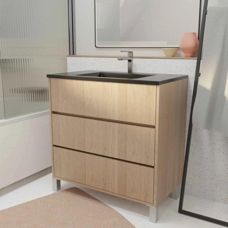 Mobile bagno con piedini, 3 cassetti e lavabo in ceramica