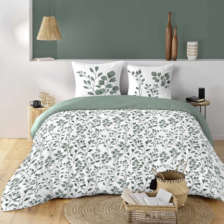 Parure de lit 3 pièces en coton à motif feuillage housse + taies