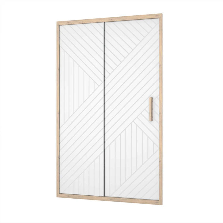 Puerta de ducha corredera de vidrio serigrafiado con motivo geométrico y acabado efecto madera