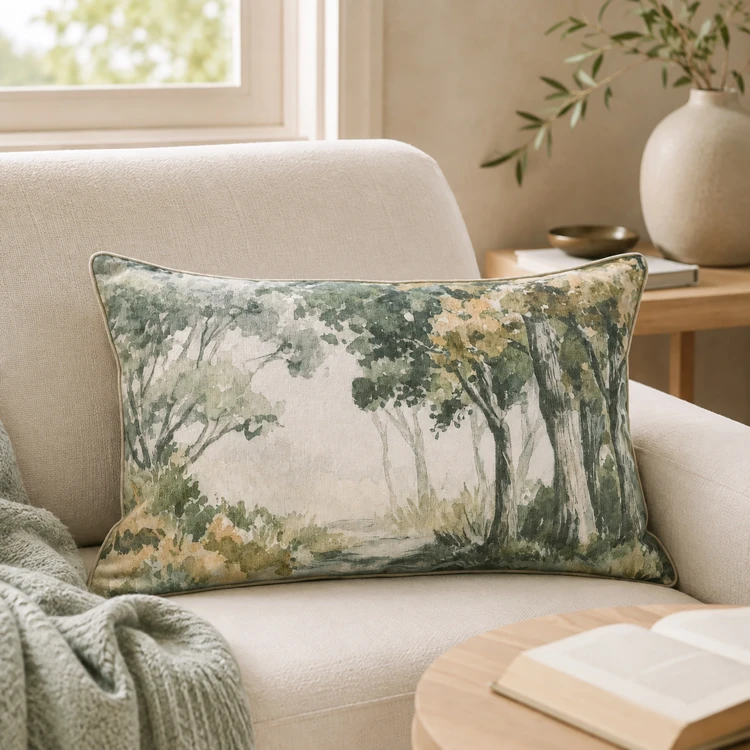 Coussin motif aquarelle forêt