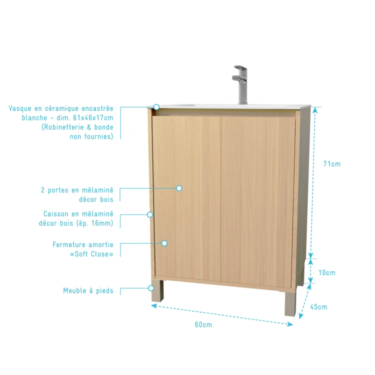 Meuble de salle de bains sur pieds avec 2 portes et vasque