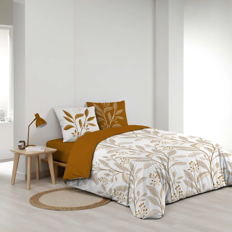Juego de sábanas de 3 piezas de algodón con estampado de hojas + fundas de almohada