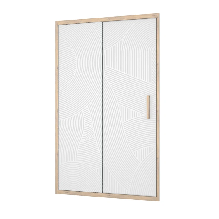 Puerta de ducha corredera con acabado efecto madera y vidrio serigrafiado con diseño de formas redondeadas