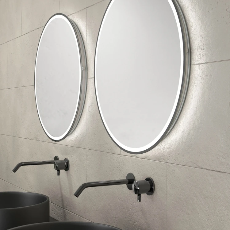 Mobile da bagno con 2 lavabi rotondi e 2 specchi rotondi a led neri