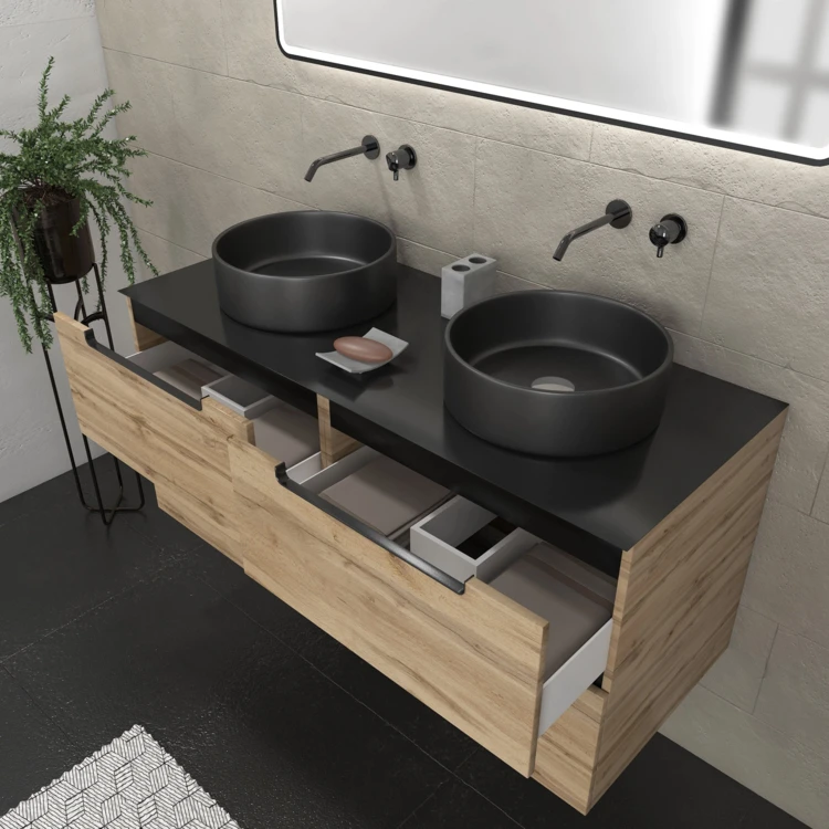 Móvel de casa de banho com 2 lavatórios redondos e 1 espelho retangular LED preto