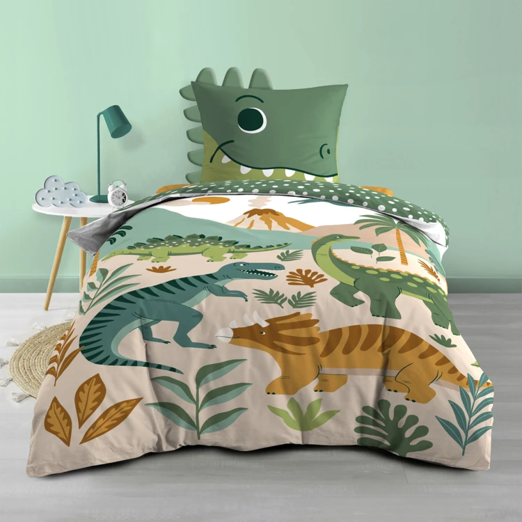 Conjunto de cama infantil de 2 peças, 100 % algodão, com estampado de dinossauros: colcha + fronha
