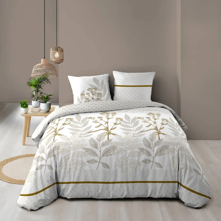 Parure de lit coton motif feuillage double face imprimée