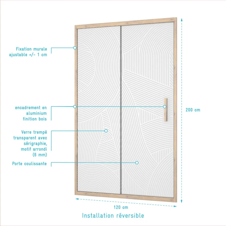 Puerta de ducha corredera con acabado efecto madera y vidrio serigrafiado con diseño de formas redondeadas