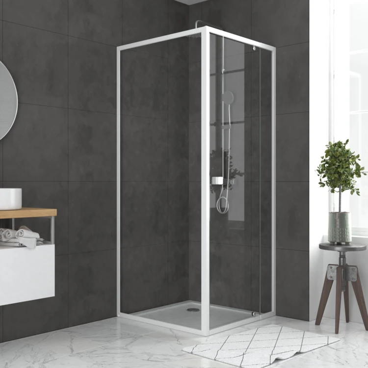 Porte de douche pivotante en verre trempé avec paroi de retour