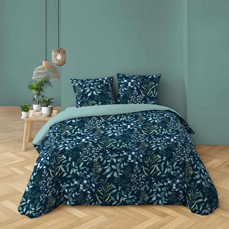 Parure de lit 3 pièces 100% coton à motif végétal housse + taies