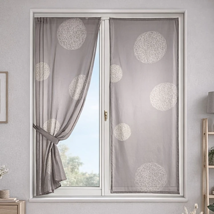 Kleiner Vorhang taupe bestickt ronds mêlés