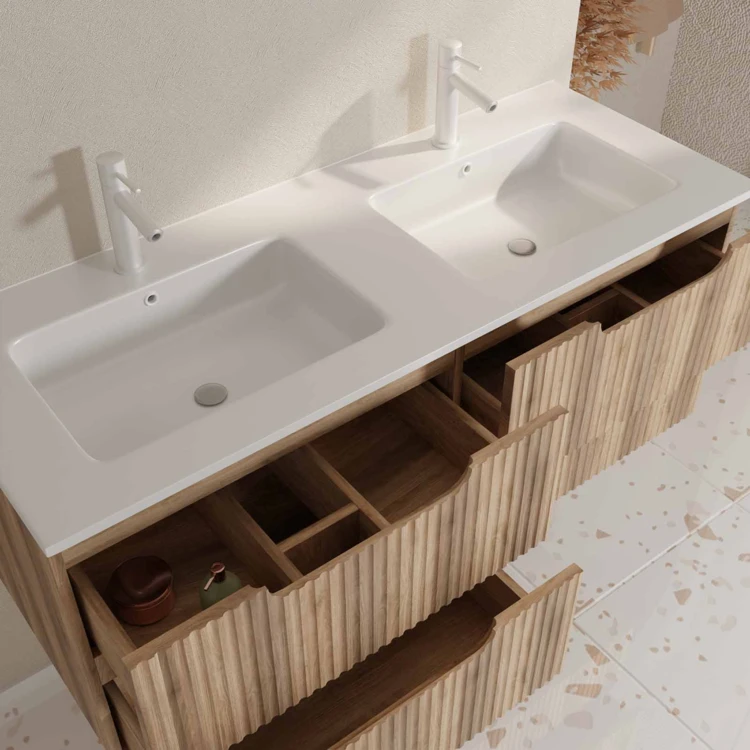 Mobile lavabo doppio con frontale ondulato e ampio spazio di archiviazione