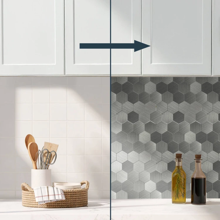 Lot de 4 crédences adhésives murales 3D effet carrelage hexagonal