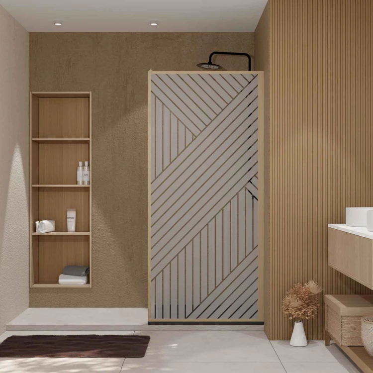 Paroi de douche en verre sérigraphié style Japandi motif géométrique