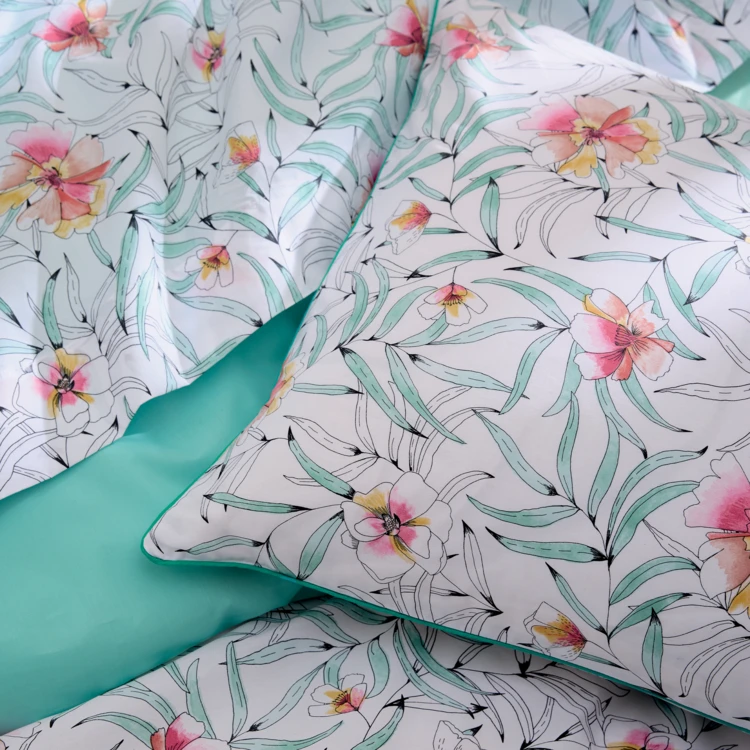 Housse de couette coton floral exotique réversible uni
