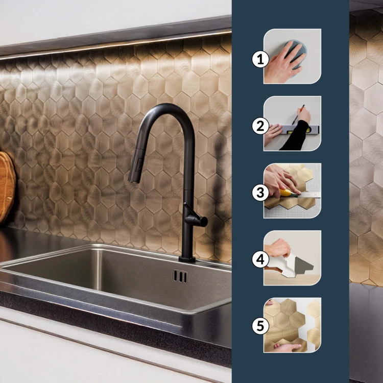 Lot de 4 crédences adhésives murales 3D effet carrelage hexagonal
