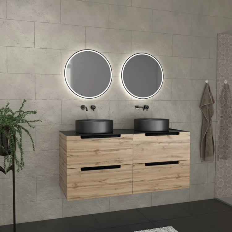 Mobile da bagno con 2 lavabi rotondi e 2 specchi rotondi a led neri