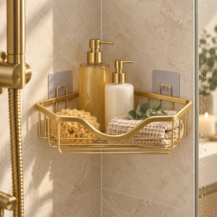 Panier de douche d'angle adhésif en aluminium sans perçage