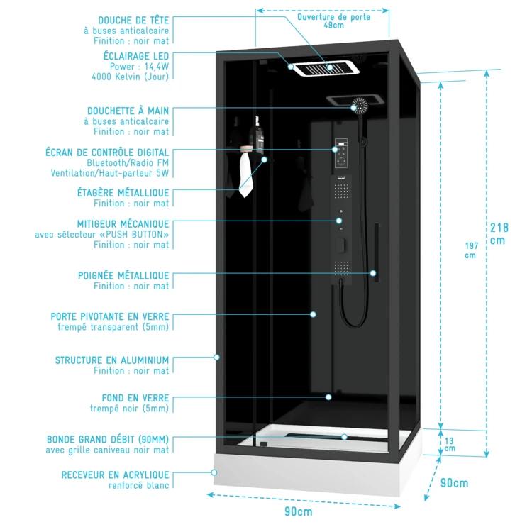 Cabine de douche hydromassante porte pivotante et panneau de contrôle tactile