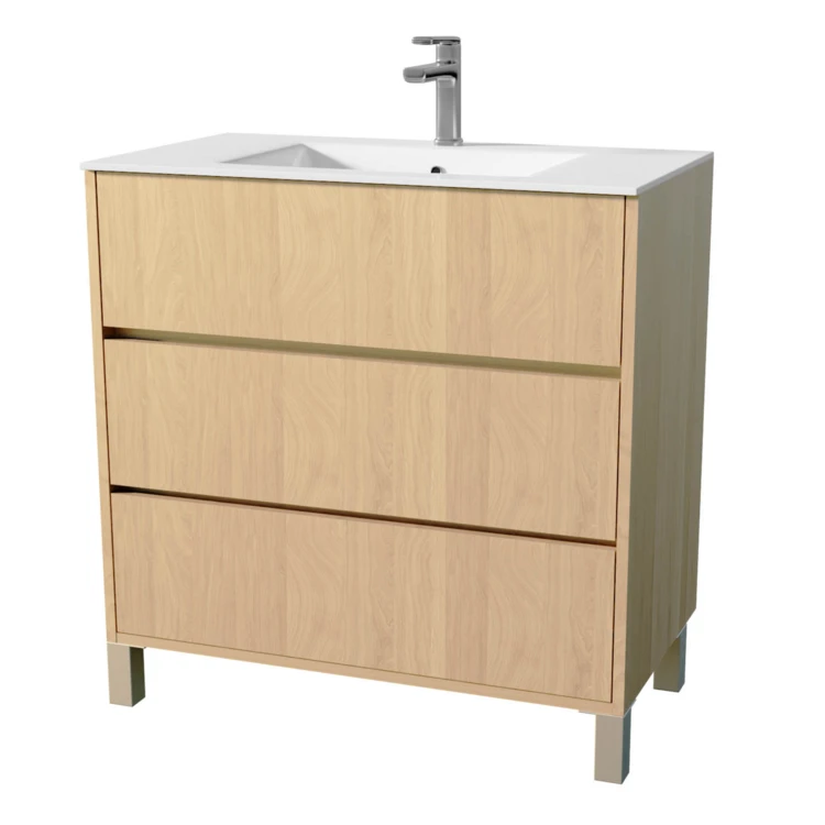 Mobile bagno con piedini, 3 cassetti e lavabo in ceramica