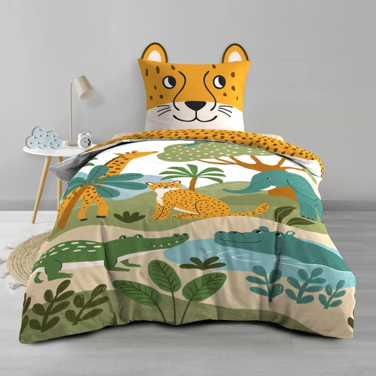 Parure de lit enfant 2 pièces 100 % coton imprimé animaux de la jungle housse + taie