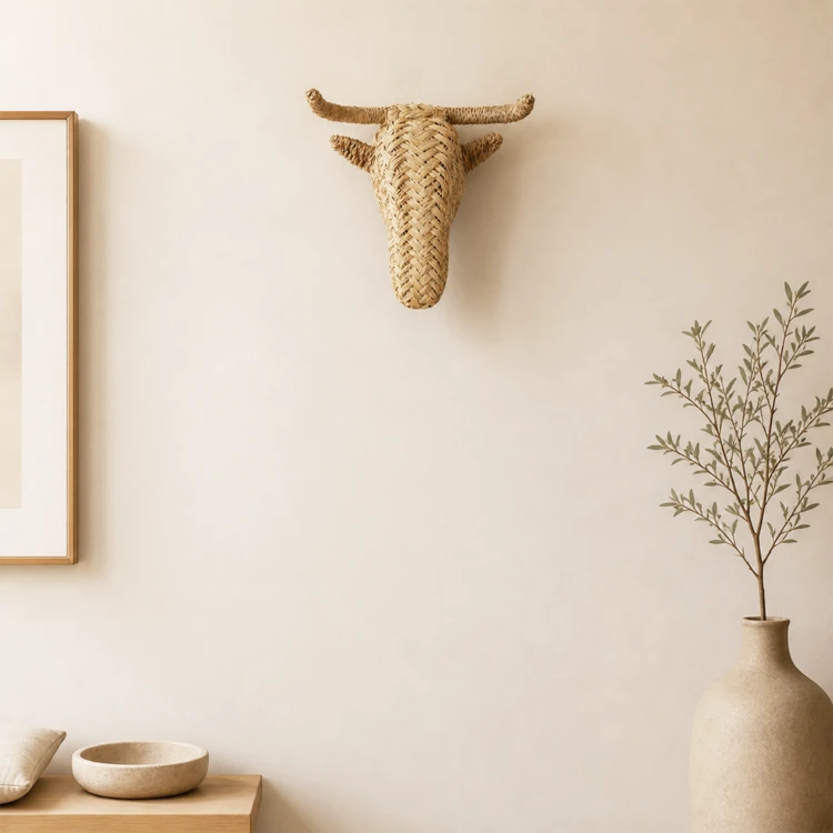 Decoração de parede com cabeça de alce em palha