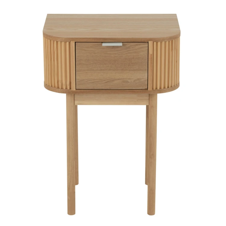Mesita de noche redonda de madera natural con cajón