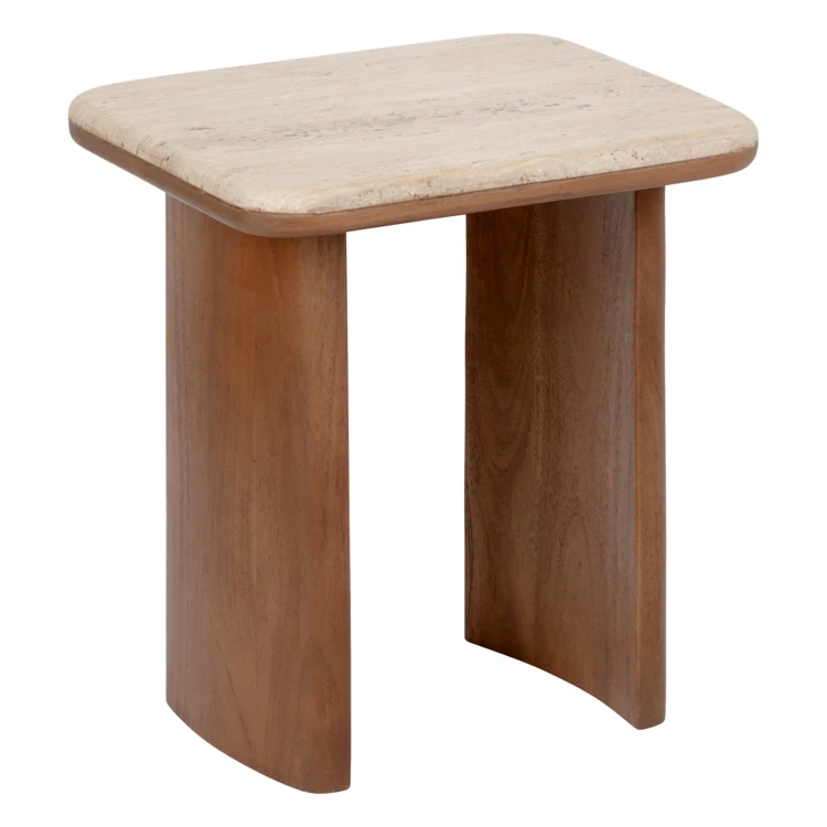 Set di 2 tavolini da caffè in travertino con gambe in acacia