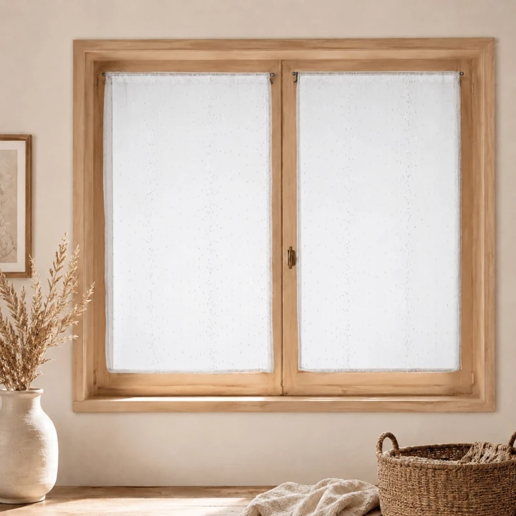 Par de pequenas cortinas de organza às riscas