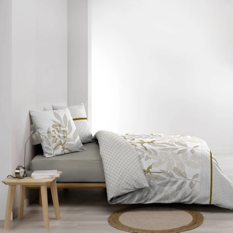 Parure de lit coton motif feuillage double face imprimée