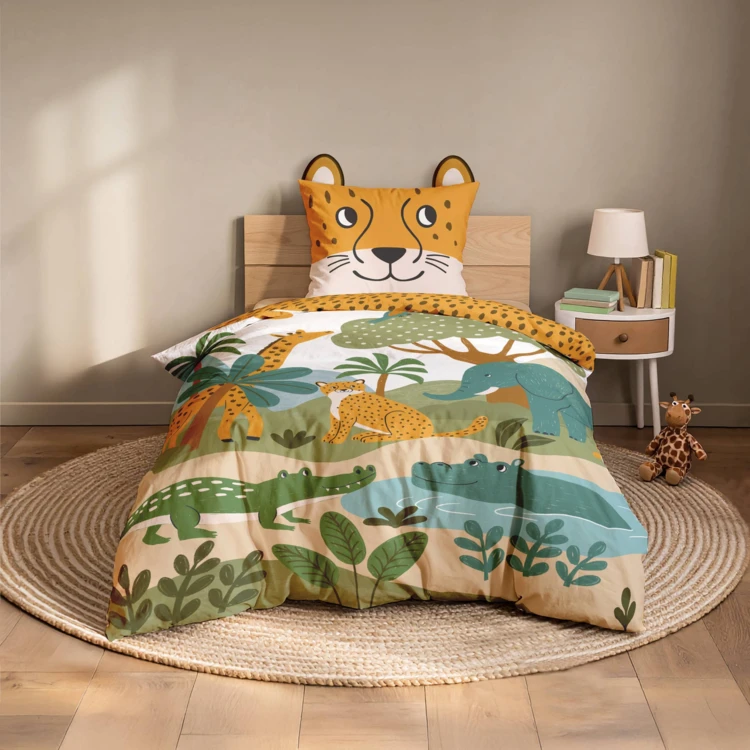 Parure de lit enfant 2 pièces 100 % coton imprimé animaux de la jungle housse + taie
