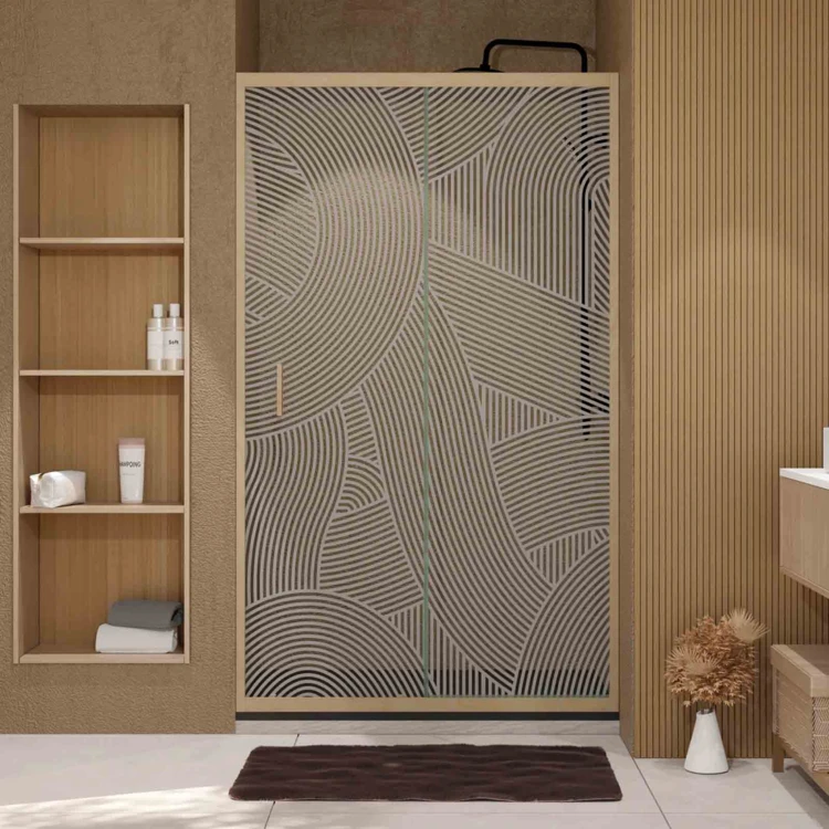 Puerta de ducha corredera con acabado efecto madera y vidrio serigrafiado con diseño de formas redondeadas