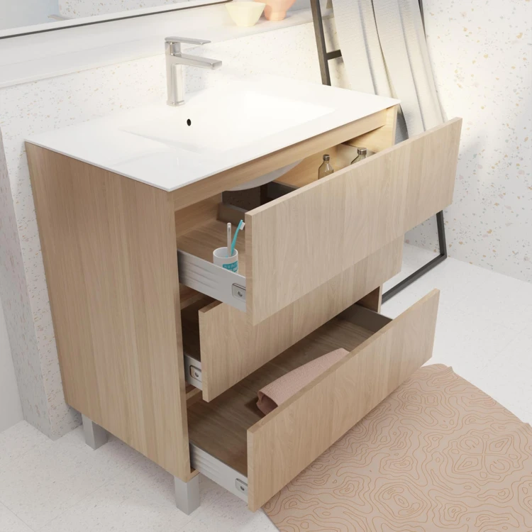 Mobile bagno con piedini, 3 cassetti e lavabo in ceramica