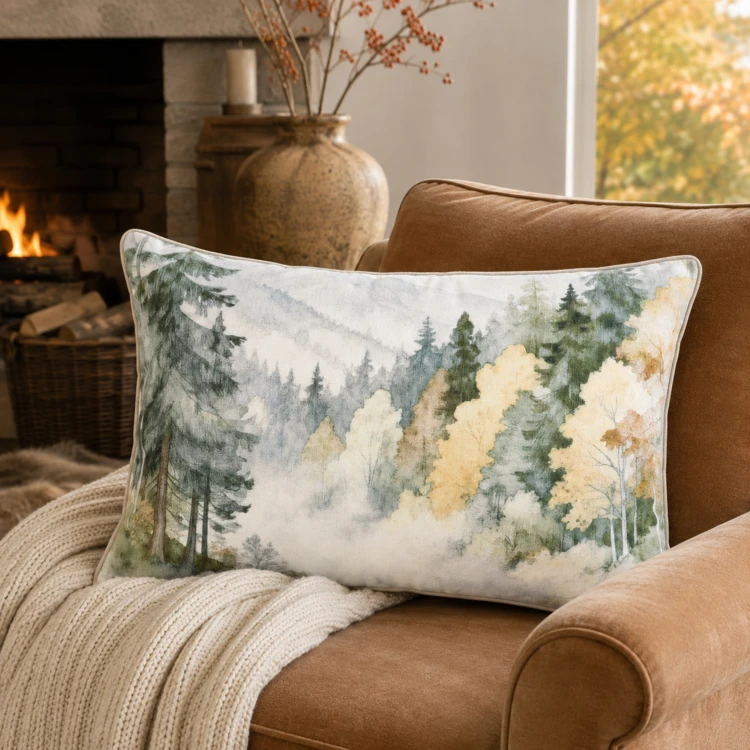 Coussin déhoussable motif aquarelle forêt