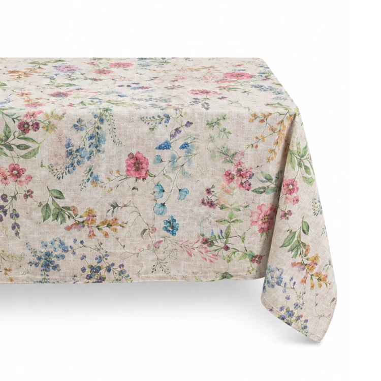 Nappe rectangulaire en coton enduit anti-tache fleurs