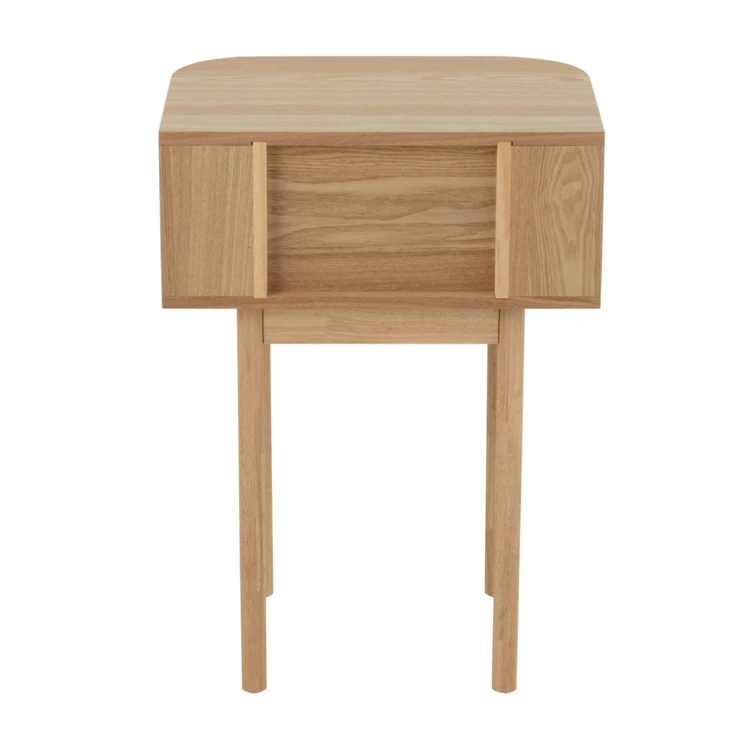Mesita de noche redonda de madera natural con cajón