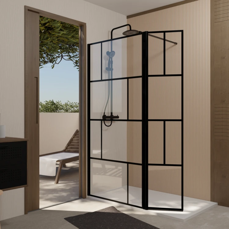 Paroi de douche sérigraphiée avec volet pivotant en verre trempé anticalcaire