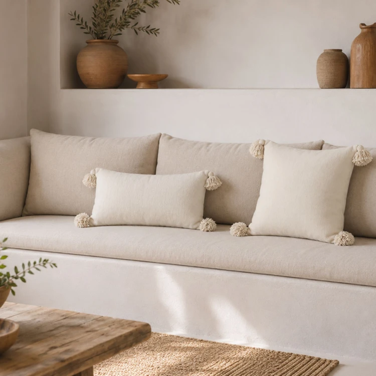 Housse de coussin en laine à pompons