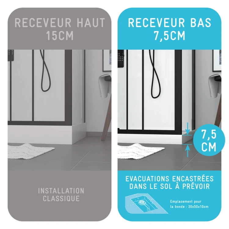 Cabine de douche rectangulaire avec receveur bas et porte coulissante