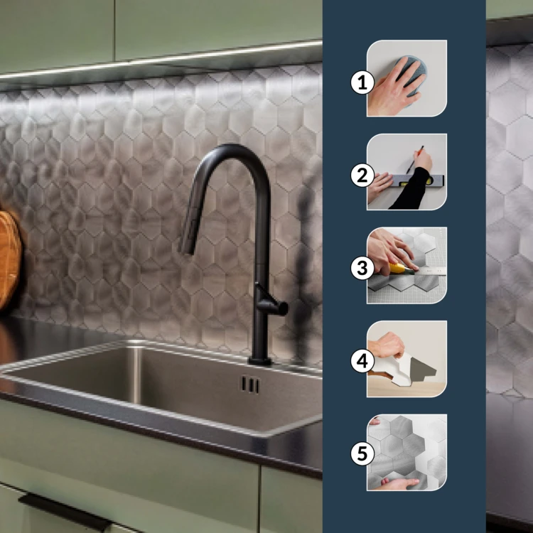 Lot de 4 crédences adhésives murales 3D effet carrelage hexagonal