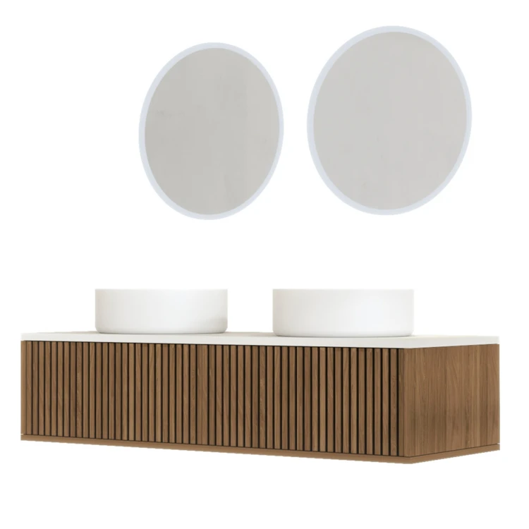 Mobile bagno sospeso con frontale dentellato, lavabo/i rotondo/i e specchio/i LED