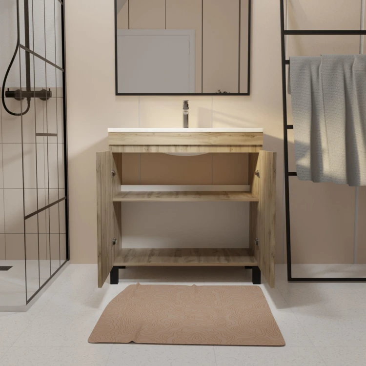 Meuble de salle de bains sur pieds 2 portes avec vasque en céramique