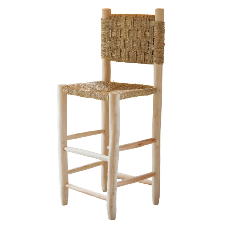 Taburete de bar de madera con respaldo en damero
