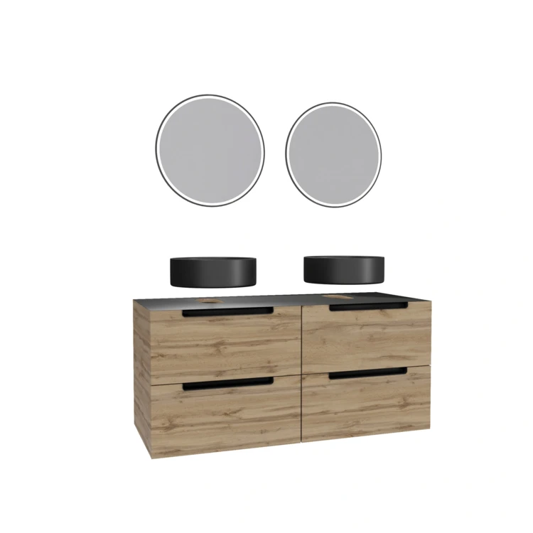 Mobile da bagno con 2 lavabi rotondi e 2 specchi rotondi a led neri