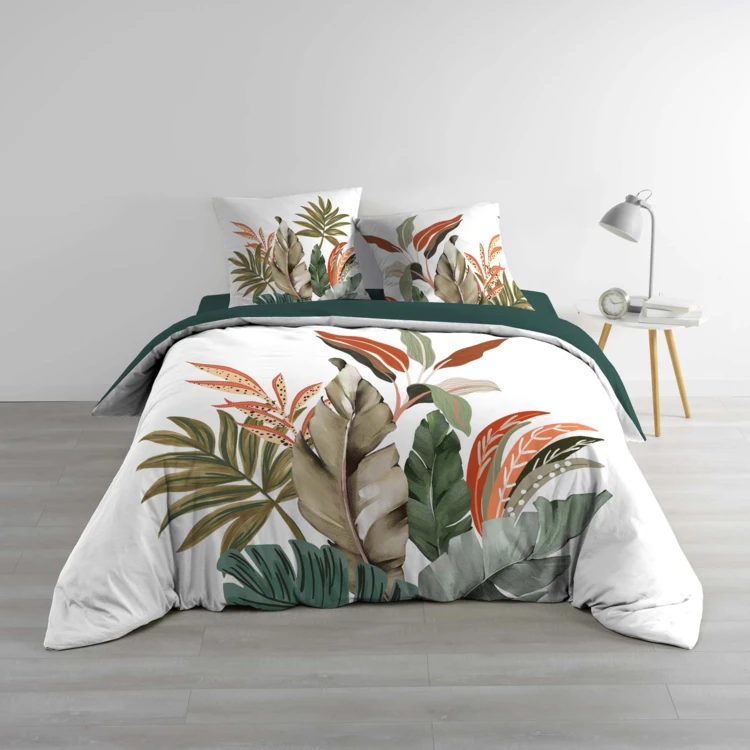 Conjunto de cama de 3 peças, 100 % algodão, com estampado tropical: capa de edredão + fronhas