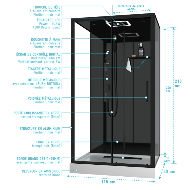 Cabine de douche hydromassante porte coulissante et panneau de contrôle tactile