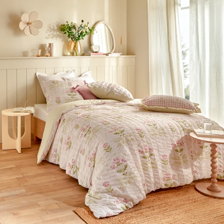 Parure de lit réversible texturée 3 pièces florale housse + taies
